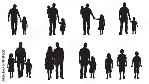 Black silhouettes of parents and kids walking together in various poses and sizes