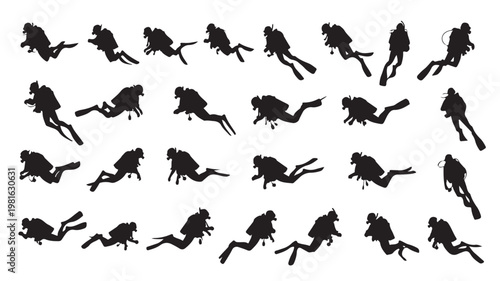 Bilde på lerret Scuba divers in various swimming positions underwater exploration vector illustr