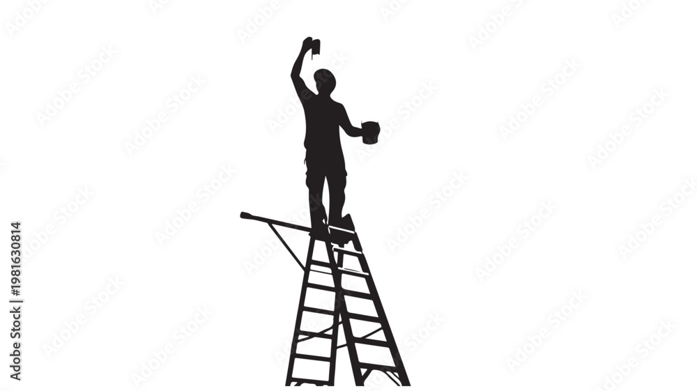 Naklejka premium Silhouette of a man standing on a ladder holding a phone and a mug