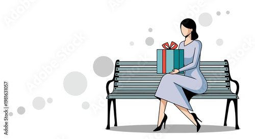 A person sits peacefully on an outdoor bench, gently holding a vibrant gift box tied with a festive ribbon, anticipating a moment of joy and celebration