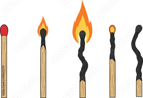 Cartoon vector illustration of burning matches showing fire stages from unused to burnt out combustion process design