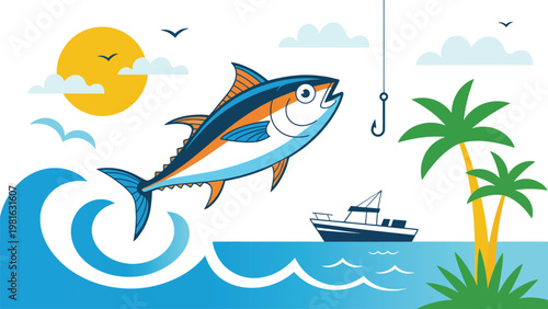 Colorful tuna fishing vector illustration with ocean waves boat tropical island sunset and jumping fish marine scene design