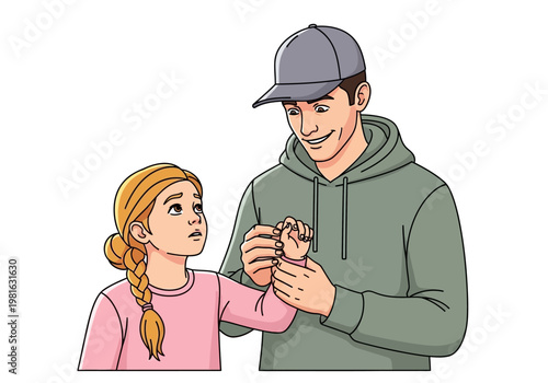 Father Tending to Daughter's Injured Hand, Parenting Care and First Aid Concept Illustration Isolated on White