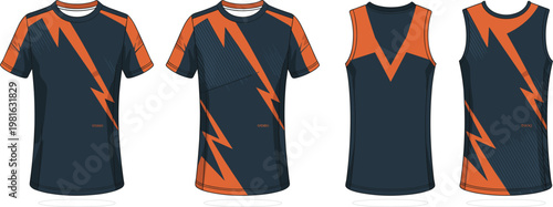 Sports jersey and singlet apparel template set with navy blue and orange lightning bolt design isolated vector