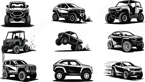 Off road 4x4 vehicle icon set with SUV monster truck and ATV silhouettes isolated vector design