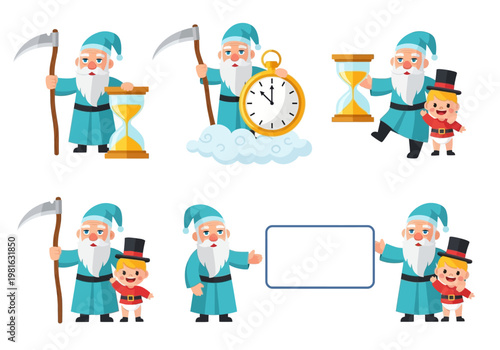 Father Time and Baby New Year Vector Character Set Featuring Old Man Time with Scythe, Hourglass, and Pocket Watch for New Year's Eve Concepts
