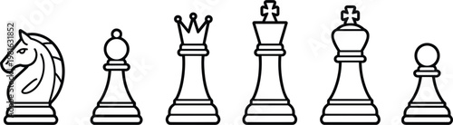 Chess piece linear icon set with knight bishop queen king and pawn isolated vector design