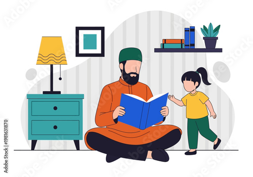Muslim Father Reading a Storybook to His Young Daughter at Home, Flat Vector Illustration of Family Bonding and Education