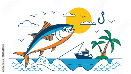 Tuna fishing scene vector illustration with jumping fish boat ocean waves island and sunset marine seafood concept colorful design