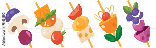 Healthy fruit and vegetable appetizer skewers with mushroom tomato orange and berries isolated vector illustration