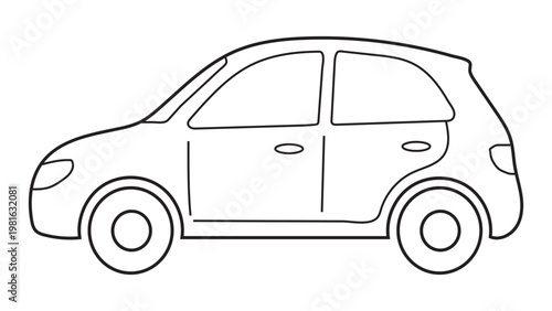 Simple black outline drawing of a modern compact hatchback car, perfect for children's coloring books, basic automotive illustrations, and graphic design projects.