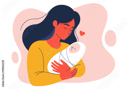 Mother Holding Newborn Baby Vector Illustration - Concept of Motherhood, Maternal Love, and Care