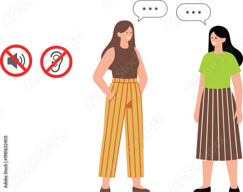 Cartoon vector illustration of communication showing people talking with speech bubbles and icons for hearing and speech accessibility