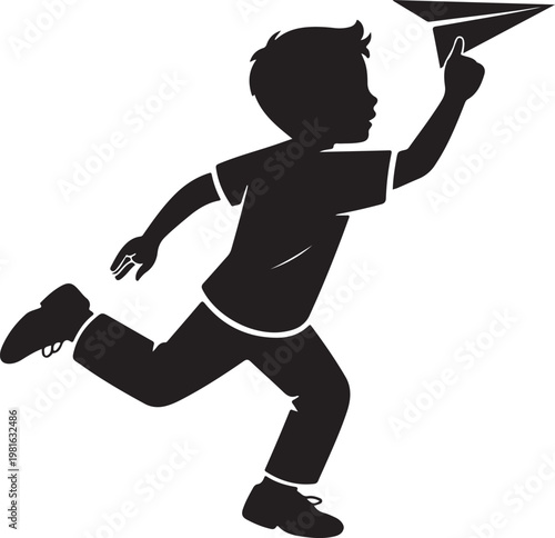 Silhouette of boy running with paper airplane, childhood, playful, outdoors, on checkered background