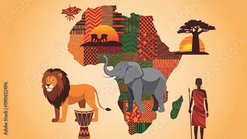 Vibrant illustration of African map with lion, elephant, and tribal elements on warm orange background.