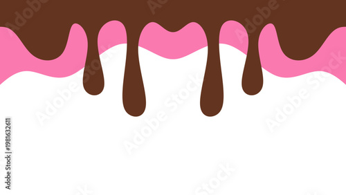 Sweet melting chocolate and pink strawberry icing glaze background. Melted syrup or dripping liquid sauce. Minimalist sweet chocolate and strawberry pink background.