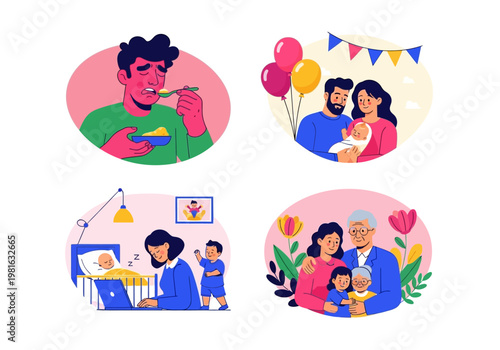 Family Life Cycle and Parenting Illustration Set - Newborn Celebration, Working Mom Challenges, Multi-generational Family, and Sick Man Concept