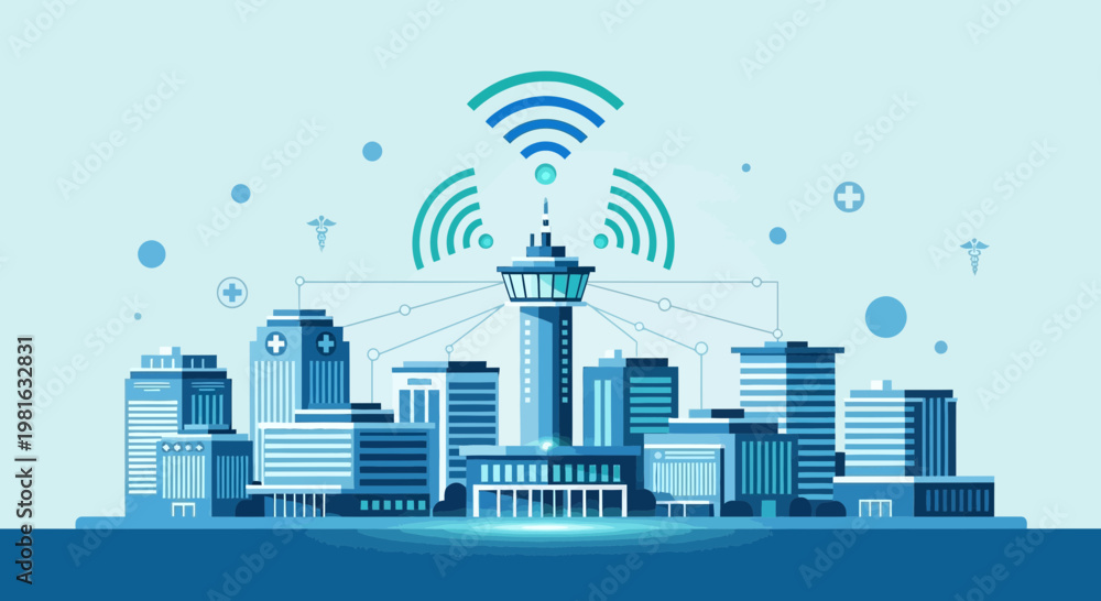 Obraz premium Smart City Technology: Connected Buildings, Wi-Fi Signals, and Futuristic Urban Network