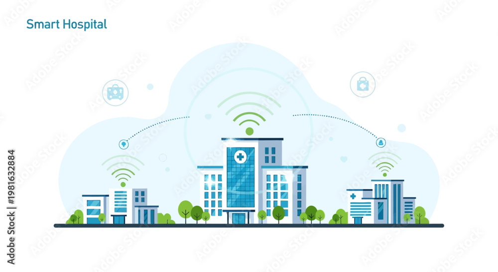 Obraz premium Smart Hospital Building with Wireless Technology and Healthcare Icons