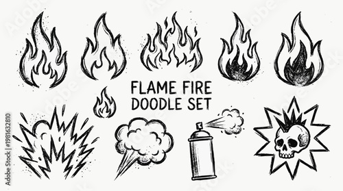 Flame fire icon doodle set. Hand drawn flame fire brush stroke grunge chalk texture shape graphic. Hot explosion blast energy smoke spray sticker punk tattoo burst. Vector illustration