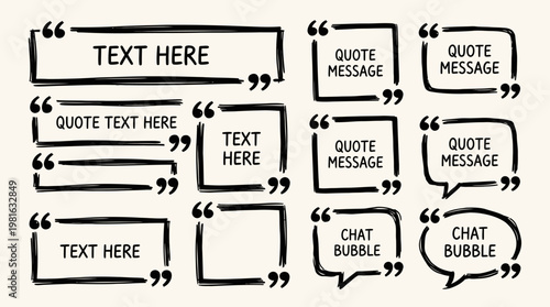 Quotation mark text box frame set. Hand drawn marker brush stroke text message frame background. Quotation mark dialog speech, square, chat banner design template. Vector illustration