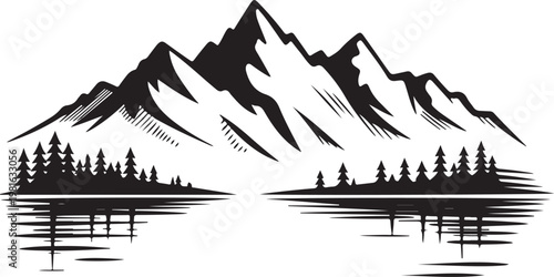 Mountain range landscape silhouette with evergreen forest and lake reflection on transparent background