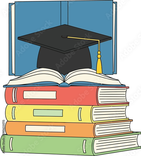 Black graduation cap resting on top of a stack of colorful hardcover books representing academic achievement and higher education success