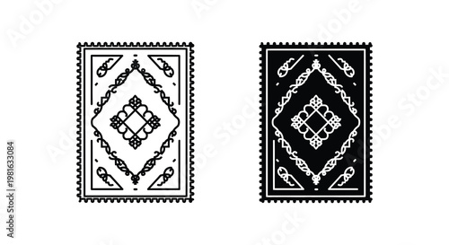 Two geometric patterned rugs displayed side by side in black and white silhouette