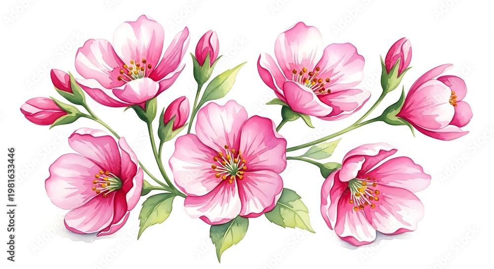 Obraz premium Watercolor illustration of pink cherry blossoms with buds and leaves