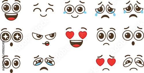 Cartoon vector illustration of facial expressions showing emotions like happiness, sadness, anger, surprise, love and tiredness design