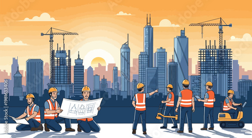 Group of professional construction workers wearing safety vests and hard hats while planning a massive urban development project together outdoors