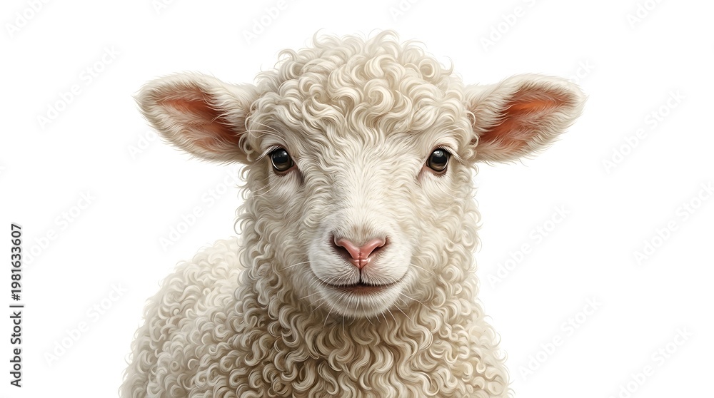 Fototapeta premium Portrait of a Cute White Lamb with Fluffy Curly Wool Isolated on White Background