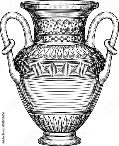 Detailed black and white line engraving of an ancient Greek amphora vase with intricate decorative patterns