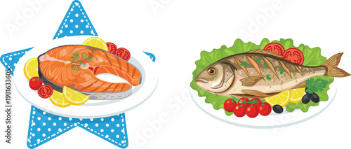 Cartoon vector illustration of fish dishes showing salmon steak with garnish and whole cooked fish with lettuce and lemon design