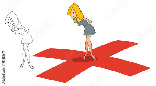 Puzzled girl standing on cross.