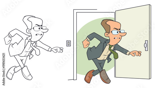 Angry businessman storming through door.