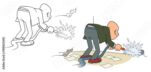 Determined man flushing out tiny mouse.