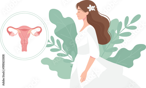 Cartoon vector illustration of female health showing woman with reproductive system anatomy fertility and wellness medical design