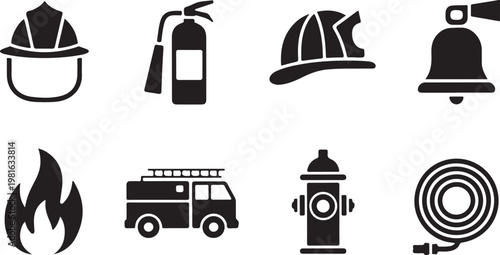 Collection of firefighter equipment icons such as helmet fire extinguisher and fire truck