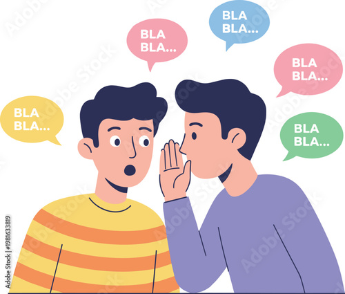 Cartoon vector illustration of gossip showing two people whispering with colorful speech bubbles and surprised reaction communication concept