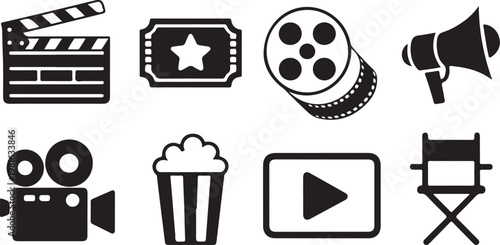 Cinematography icons set including clapperboard film reel and movie camera