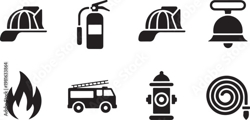 Collection of firefighter equipment icons such as helmet fire extinguisher and fire truck