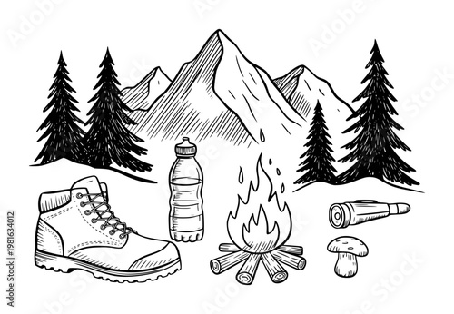 Hand-drawn hiking and camping essentials with mountain landscape and campfire boot