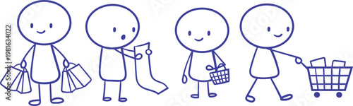 stick figures engaged in various happy shopping activities.