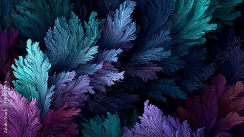 Abstract fractal background featuring deep blue and vibrant purple feather like organic