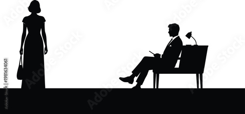 Businessman Sitting Alone with Laptop and Woman Standing Nearby in Office Silhouette