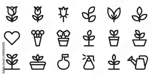 Comprehensive Collection of Botany and Gardening Line Icons with Flowers, Pots, and Tools