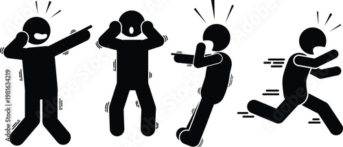Four black stick figures in a vector . various states of panic