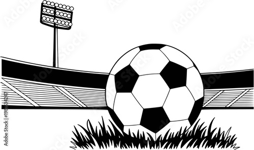 Black and white soccer ball grass with stadium lights and grandstand football