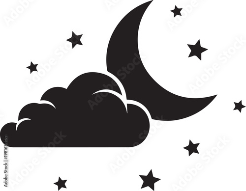 Night sky silhouette with crescent moon cloud and stars for bedtime illustration or celestial design element for evening theme.